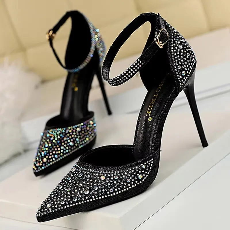 BIGTREE Shoes Shiny Rhinestones High Heels Ladies Shoes Women Pumps Stiletto Sweet Women Heels Wedding Shoes Women Sandals 10 Cm Pi-Mart