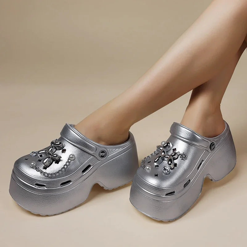 New Women's Silver Platform Clogs Summer 2025 Comfortable Slip on Wedge Sandals Woman Fashion Chain Thick Sole Garden Shoes Lady LadyShow.Store