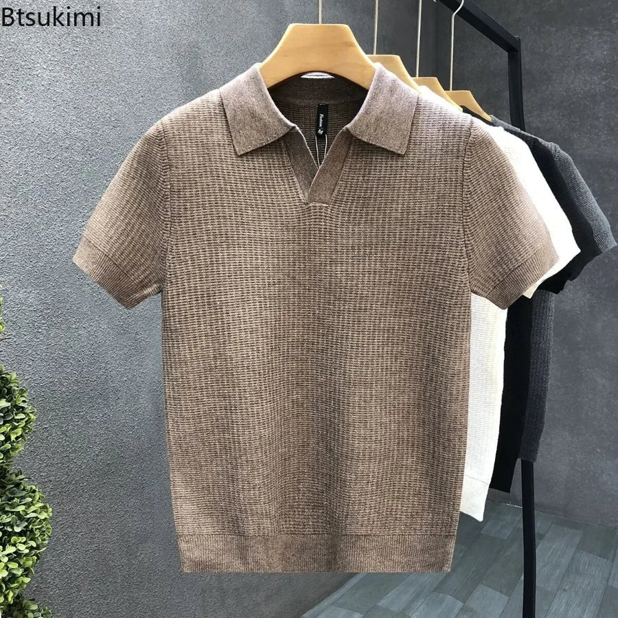 2026 Men's Summer Polo Shirt Korean Style Slim Wrinkle Resistant Collar Solid Color T-Shirts Casual Thin Sleeve Trendy Knit Tops Pi-Mart
