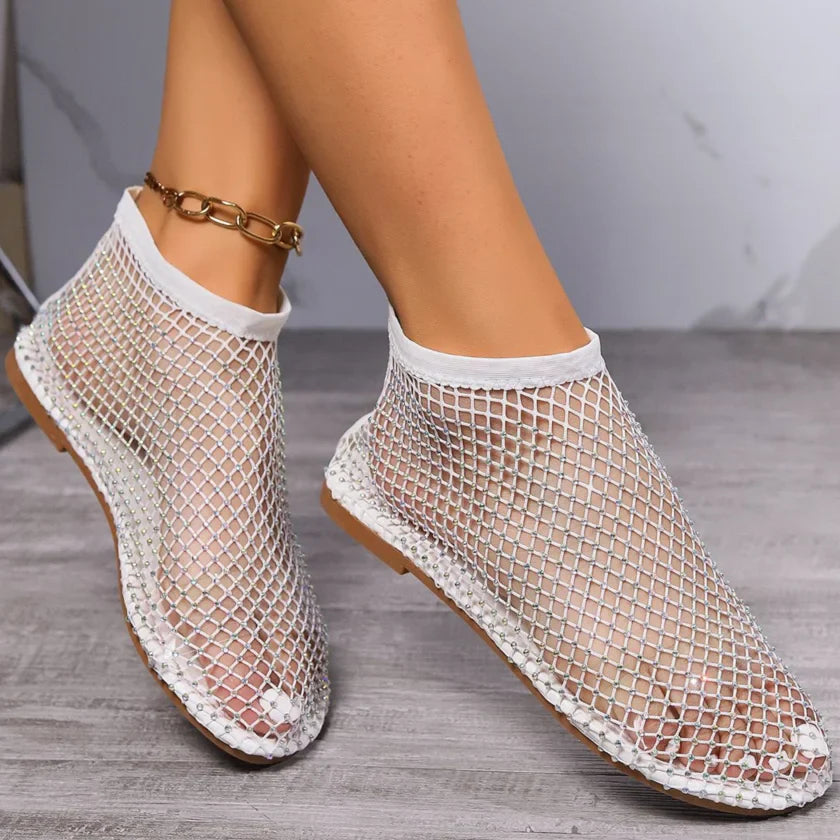 New Women's Luxury Brand Round Toe Flat Bottom Sandals Summer Hollow Short Boots Water Diamond Sexy Flat Bottom Shoes Sandals LadyShow.Store