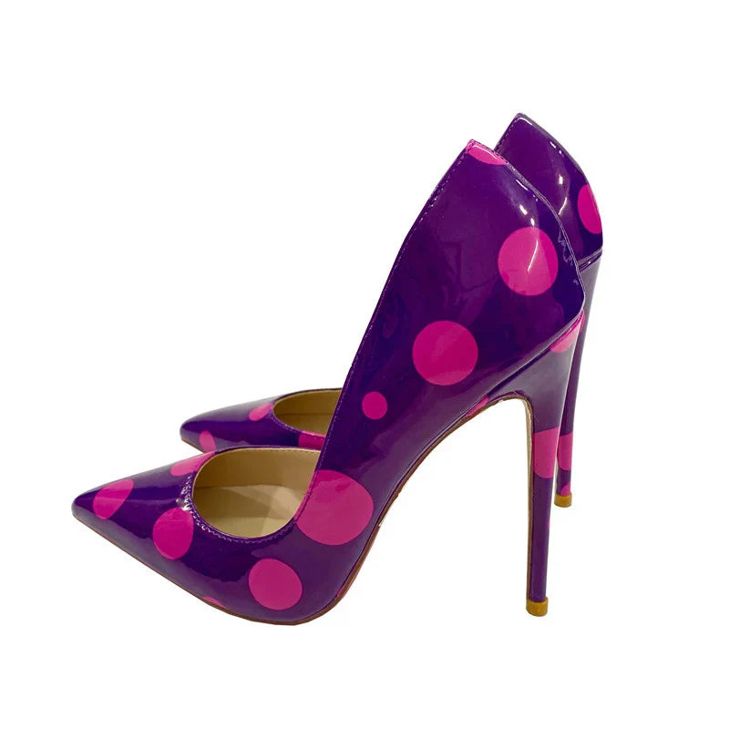 Veowalk Polka Dot Women Purple D'Orsay Side Cut Pointed Toe Stiletto Pumps Comfortable Elegant 8cm 10cm 12cm High Heel Shoes Pi-Mart