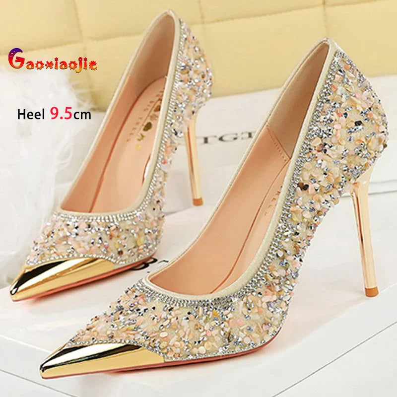 Shiny Crystal Apricot High Heels 9.5cm Women's Shoes Thin Heels Metal Pointed Ladies Pumps Shallow Slip On Stiletto Party Shoes Pi-Mart