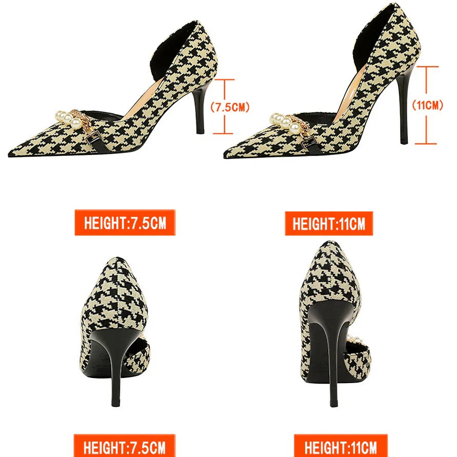 BIGTREE Shoes 2026 Spring Women Pumps Pearl Metal Chain High-heels Checked Grain Stilettos Women Heels Luxury Banquet Shoes 43 Pi-Mart