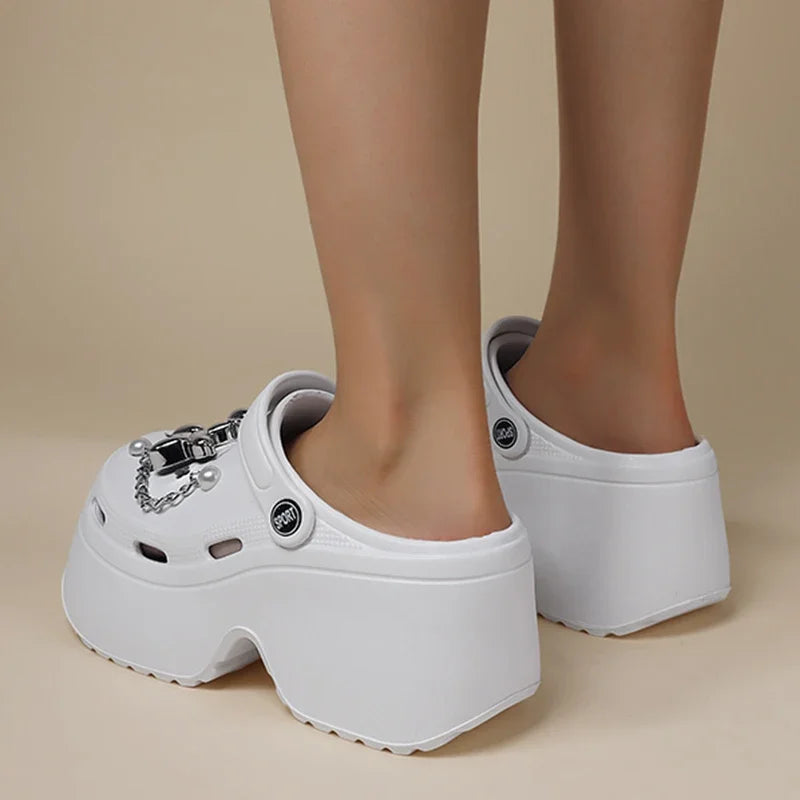 New Women's Silver Platform Clogs Summer 2025 Comfortable Slip on Wedge Sandals Woman Fashion Chain Thick Sole Garden Shoes Lady LadyShow.Store