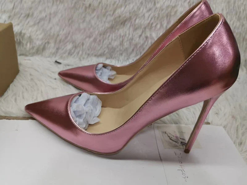 Pink Metallic Leather Woman High Heel Shoes Pointed Toe Shallow Stiletto High Heels Pumps Slip-on Polished Leather Runway Shoes Pi-Mart