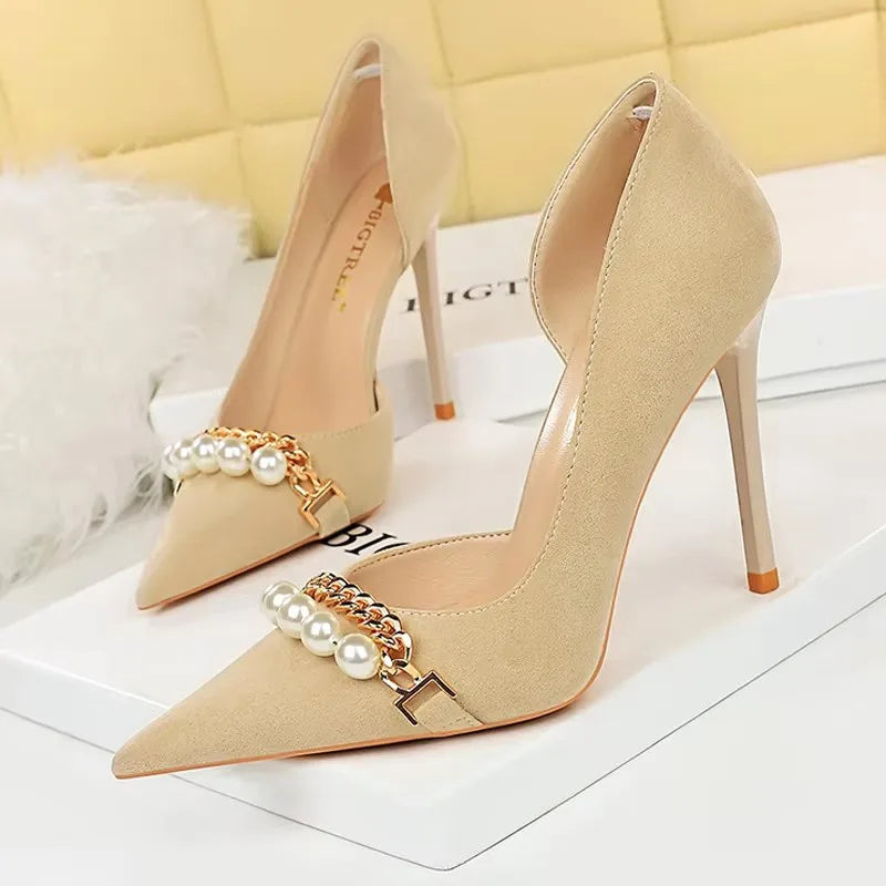 BIGTREE Shoes 2026 Spring Women Pumps Pearl Metal Chain High-heels Checked Grain Stilettos Women Heels Luxury Banquet Shoes 43 Pi-Mart