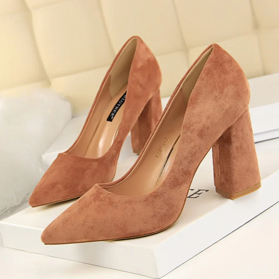 Summer Women 8.5cm High Heels Pumps Escarpins Elegant Sweet Lady Wedding Block Square Middle Heels Flock Suede Nightclub Shoes Pi-Mart