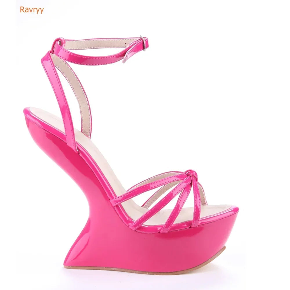 Strange Style Women Metal Color Woman Summer Platform Sandals Sexy Hoof Heel Ankel Buckle Strap Open Toe Shoes High Quality LadyShow.Store