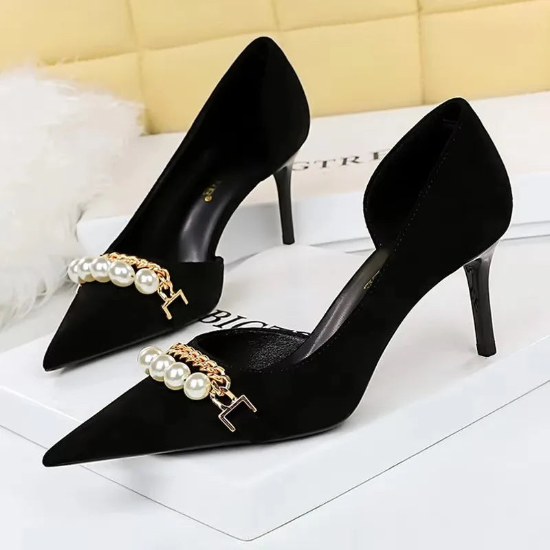 BIGTREE Shoes 2026 Spring Women Pumps Pearl Metal Chain High-heels Checked Grain Stilettos Women Heels Luxury Banquet Shoes 43 Pi-Mart