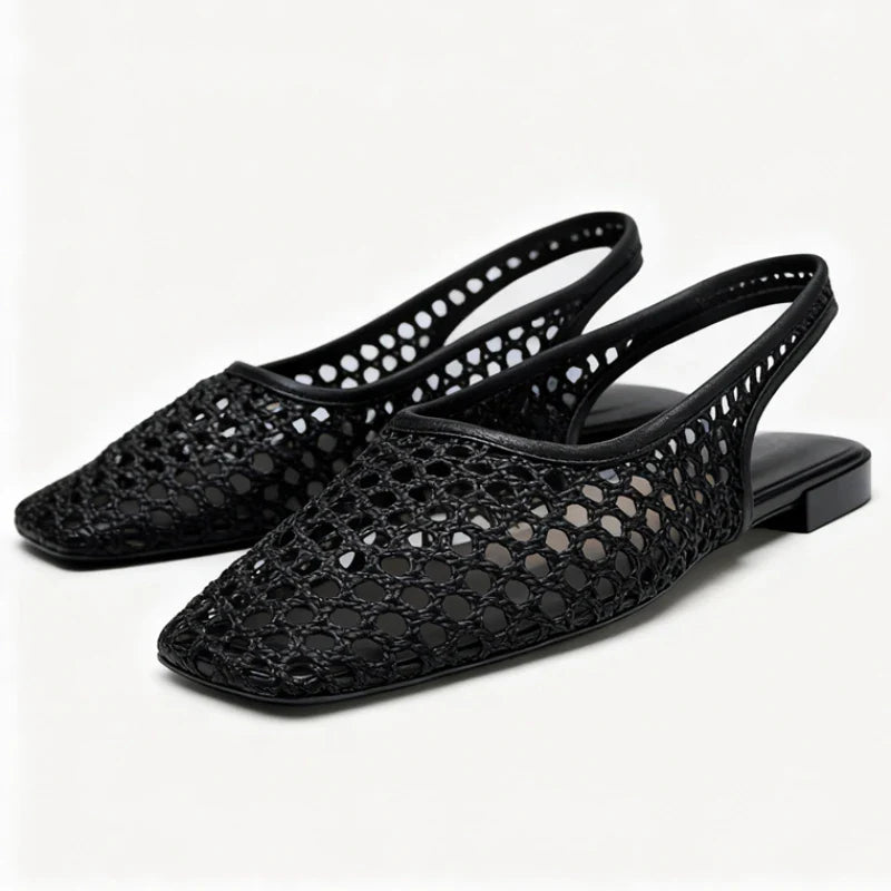 Weave Mesh Breathable Mules Sandals for Women Summer New Slingback Beach Shoes Casual Square Toe Fashion Ballet Flats Ladies LadyShow.Store