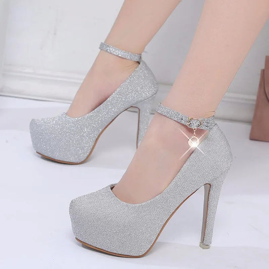 Fashion Wedding Shoes Women High Heels Women Pumps Bride Shoes Platform Super High Heel 12cm Black Silver A2177 Pi-Mart