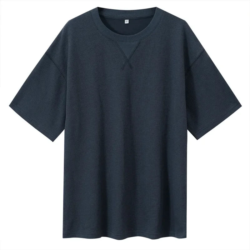 2026 New Men's Summer T Shirt 220g Waffle Round Neck T-shirt Solid Color Loose Simple Short Sleeve Top T Shirts Pi-Mart