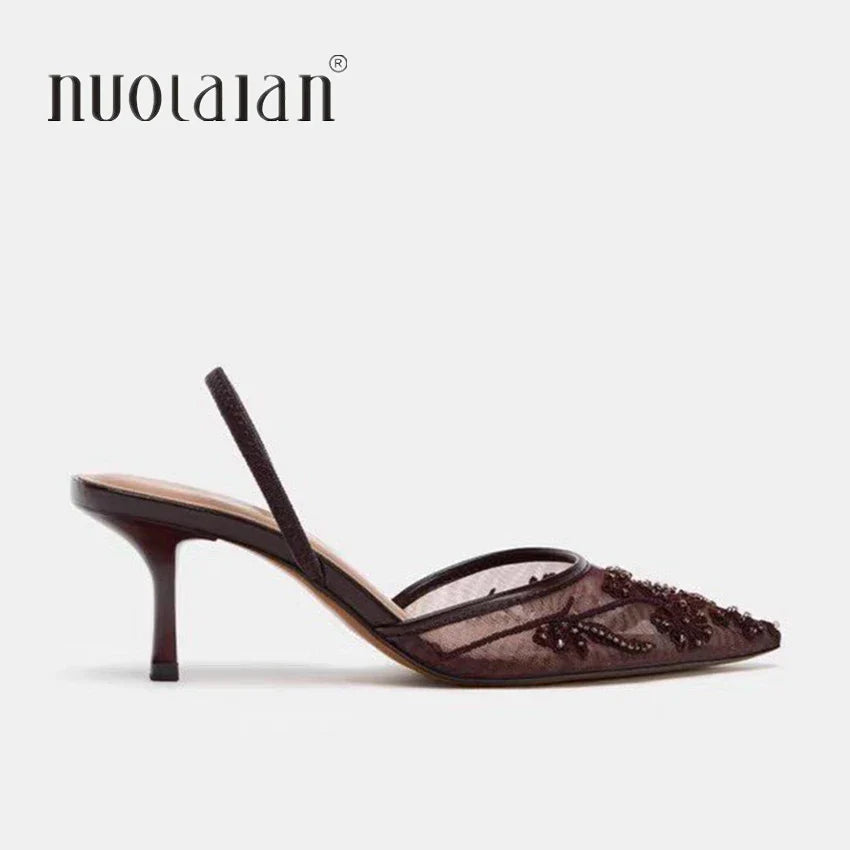 2026 String Bead Mesh Embroider Slingback High Heels Women Sexy Pointed Toe Heeled Sandals Summer Elegant Luxury Designer Shoes LadyShow.Store