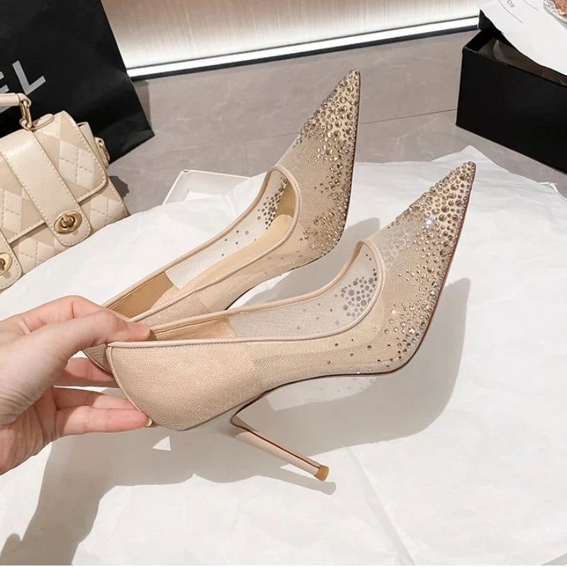 Women's high heels and single shoes for spring and summer  new mesh diamond fashion banquet pointed women's shallow mouth shoes Pi-Mart