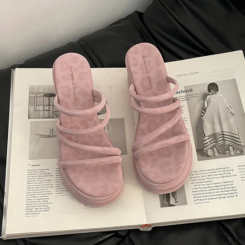 Summer Platform Heel Women Slippers Fashion Open Toe Narrow Band Slide Ladies Elegant Street Style Shoes Fashion Sandals Slides LadyShow.Store