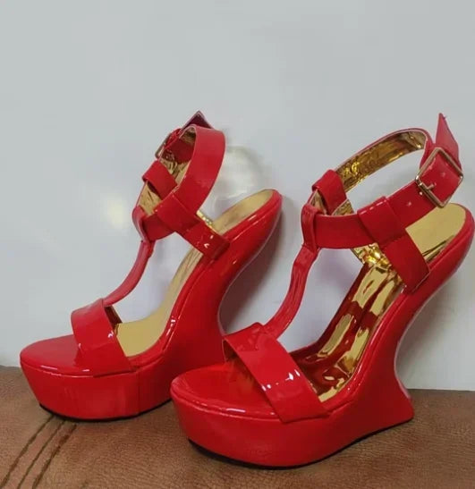 Strange Style Women Metal Color Woman Summer Platform Sandals Sexy Hoof Heel Ankel Buckle Strap Open Toe Shoes High Quality LadyShow.Store