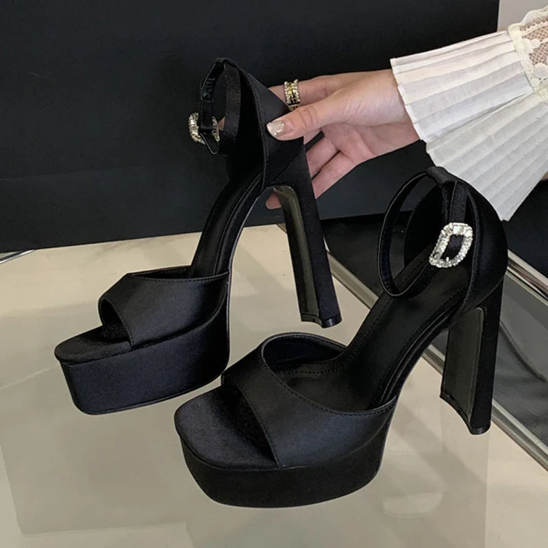 Liyke Runway Style Black High Heels Platform Sandals For Women Cozy Silk Square Toe Buckle Strap Lady Party Dress Shoes Size 40 LadyShow.Store