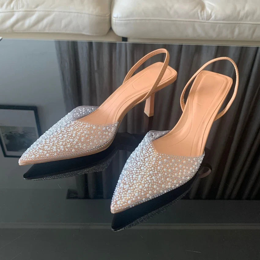 2024 Fashion Summer Women High Heels Pearl Decoration Slingback Woman Pumps Pointed Toe High Heels Sandals Elegant Woman Shoes Pi-Mart
