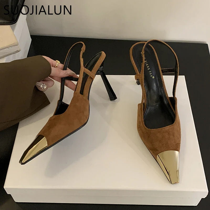SUOJIALUN 2024 New Brand Women Sandal Fashion Mix Color Ladies Eelgant Outdoor Dress Slingback Shoes Thin High Heel Sexy Pumps S LadyShow.Store