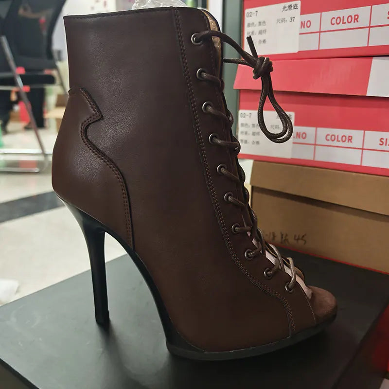High Quality Customized Brown Latin Dance Shoes Open Toe High Heel Stiletto Boots Slim Heel 11cm Lace Up Dance Boots LadyShow.Store