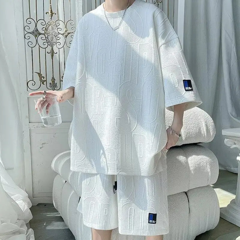 2026 3D Men's new Waffle TZ30 Summer Suit  Casual T-shirt + Shorts Suit Men's Tracksuit Solid color tracksuit loose suit Pi-Mart