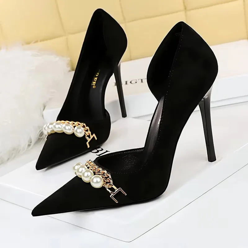 BIGTREE Shoes 2026 Spring Women Pumps Pearl Metal Chain High-heels Checked Grain Stilettos Women Heels Luxury Banquet Shoes 43 Pi-Mart