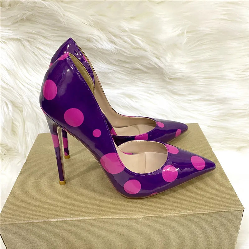 Veowalk Polka Dot Women Purple D'Orsay Side Cut Pointed Toe Stiletto Pumps Comfortable Elegant 8cm 10cm 12cm High Heel Shoes Pi-Mart
