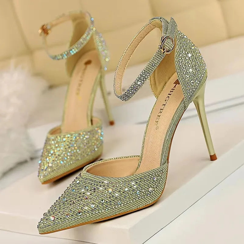 BIGTREE Shoes Shiny Rhinestones High Heels Ladies Shoes Women Pumps Stiletto Sweet Women Heels Wedding Shoes Women Sandals 10 Cm Pi-Mart