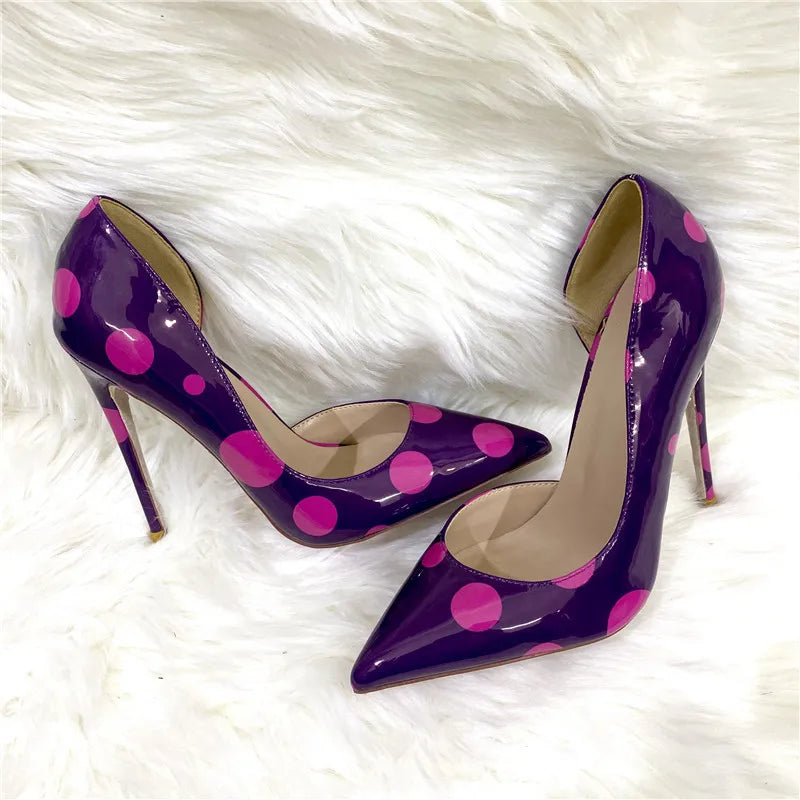 Veowalk Polka Dot Women Purple D'Orsay Side Cut Pointed Toe Stiletto Pumps Comfortable Elegant 8cm 10cm 12cm High Heel Shoes Pi-Mart