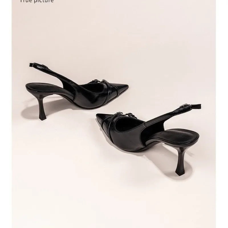 Fashionable Pointed Toe Shallow Mouth New High-heeled Shoes Summer Elegant Buckle Decorated Stiletto Black Women's Shoes NO:602 LadyShow.Store