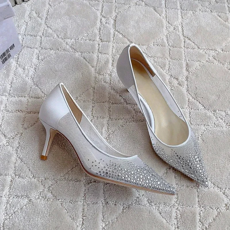 Women's high heels and single shoes for spring and summer  new mesh diamond fashion banquet pointed women's shallow mouth shoes Pi-Mart
