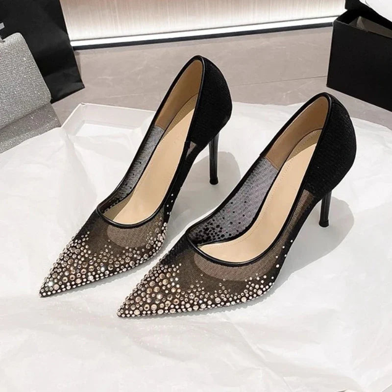 Women's high heels and single shoes for spring and summer  new mesh diamond fashion banquet pointed women's shallow mouth shoes Pi-Mart