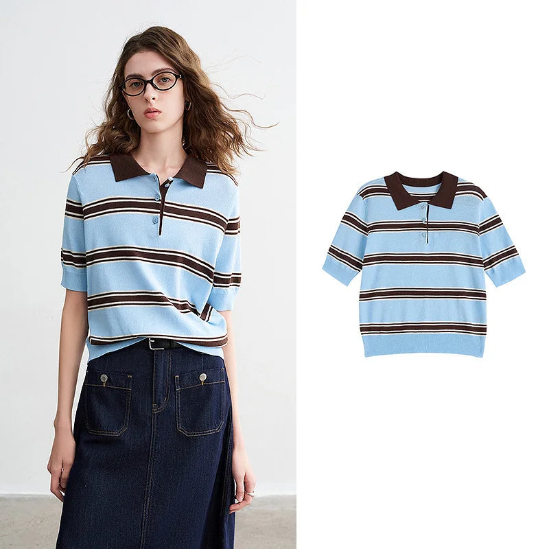 TOYOUTH Women Intellectual Striped Polo Shirt 2026 Spring New Lyocell Linen Breathable Comfort Knit Top Pi-Mart