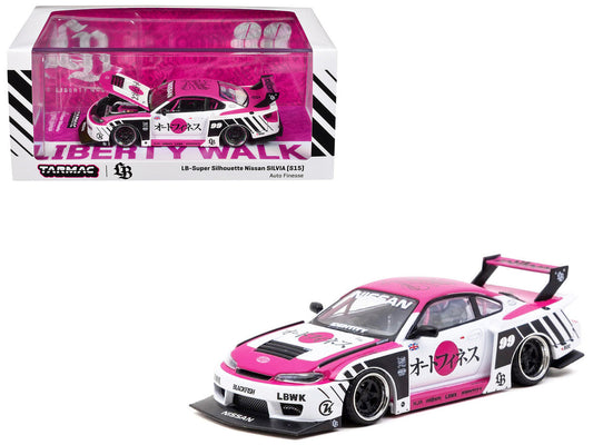 Nissan Silvia (S15) LB-Super Silhouette RHD (Right Hand Drive) #99 "Auto Finesse" White with Pink Top and Graphics "Hobby43" Series 1/43 Diecast Model Car by Tarmac Works Tarmac Works