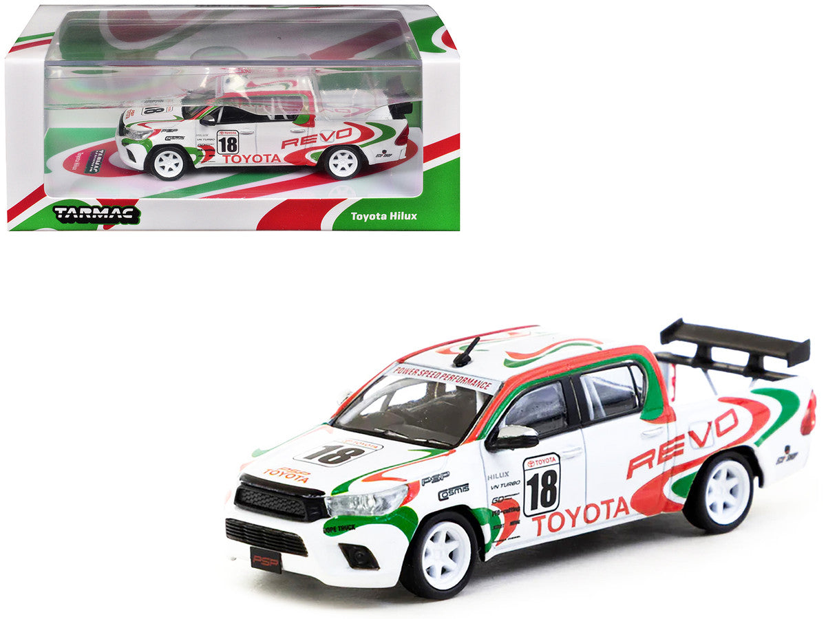 Toyota Hilux Pickup Truck RHD (Right Hand Drive) #18 White with Red and Green Graphics "Hobby64" Series 1/64 Diecast Model Car by Tarmac Works Tarmac Works