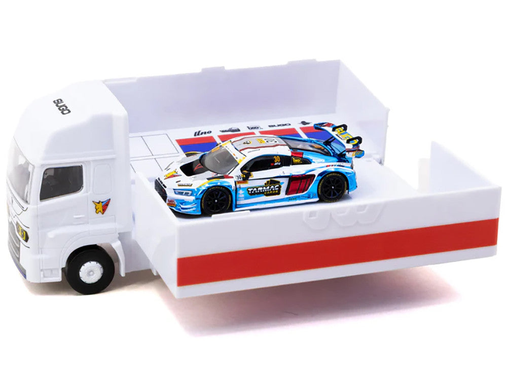 Audi R8 LMS GT3 evo II #30 James Yu "Uno Racing Team" "Macau GT Cup - FIA GT World Cup" (2024) with Plastic Transporter Packaging and Collectible Tarmac Cards "Hobby64" Series 1/64 Diecast Model Car by Tarmac Works Tarmac Works