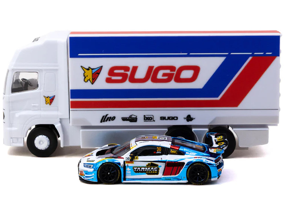 Audi R8 LMS GT3 evo II #30 James Yu "Uno Racing Team" "Macau GT Cup - FIA GT World Cup" (2024) with Plastic Transporter Packaging and Collectible Tarmac Cards "Hobby64" Series 1/64 Diecast Model Car by Tarmac Works Tarmac Works