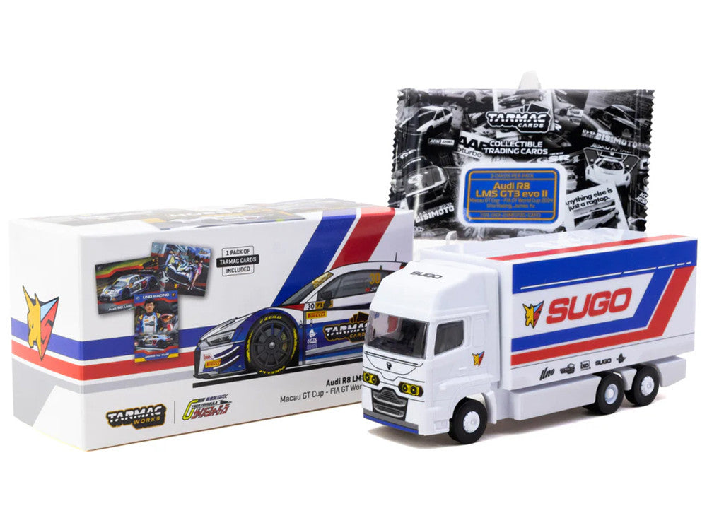 Audi R8 LMS GT3 evo II #30 James Yu "Uno Racing Team" "Macau GT Cup - FIA GT World Cup" (2024) with Plastic Transporter Packaging and Collectible Tarmac Cards "Hobby64" Series 1/64 Diecast Model Car by Tarmac Works Tarmac Works