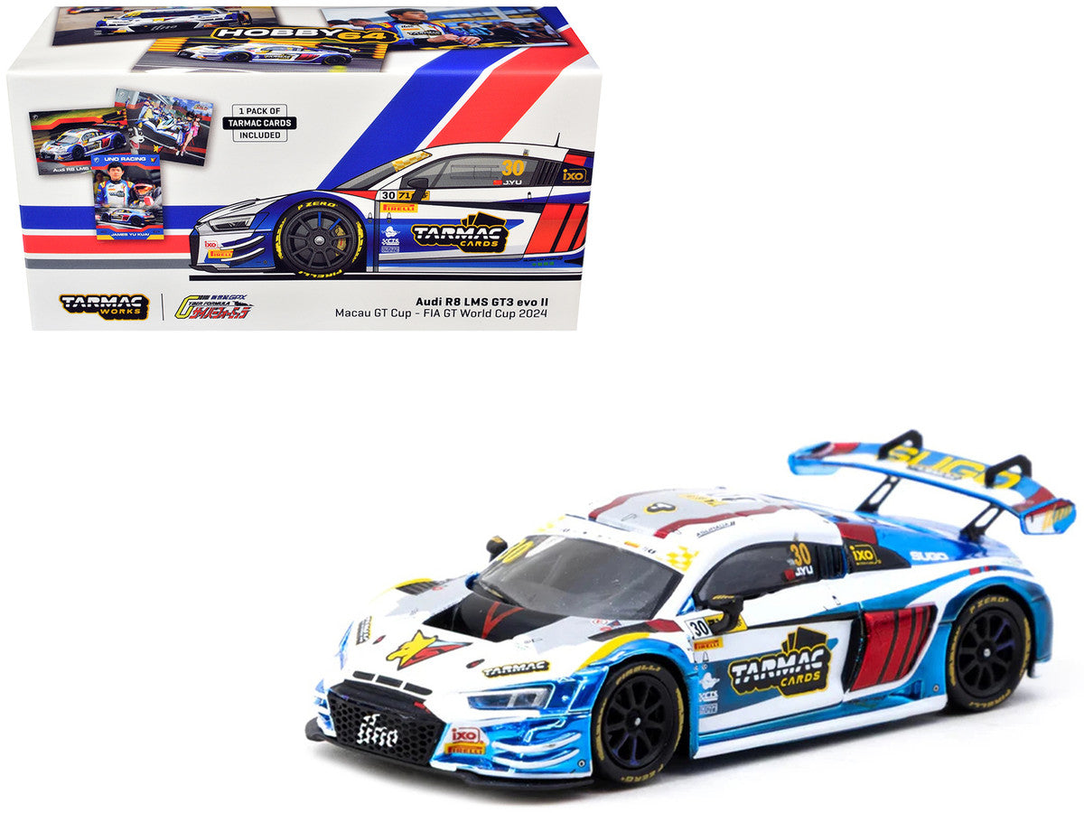 Audi R8 LMS GT3 evo II #30 James Yu "Uno Racing Team" "Macau GT Cup - FIA GT World Cup" (2024) with Plastic Transporter Packaging and Collectible Tarmac Cards "Hobby64" Series 1/64 Diecast Model Car by Tarmac Works Tarmac Works