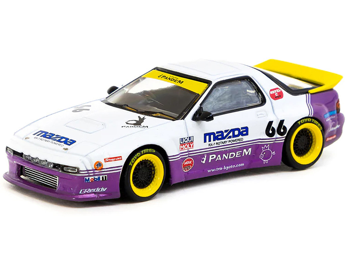 Mazda RX-7 FC3S Pandem RHD (Right Hand Drive) #66 White and Purple with Graphics "Hobby64" Series 1/64 Diecast Model Car by Tarmac Works Tarmac Works