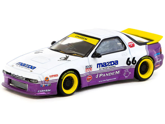 Mazda RX-7 FC3S Pandem RHD (Right Hand Drive) #66 White and Purple with Graphics "Hobby64" Series 1/64 Diecast Model Car by Tarmac Works Tarmac Works