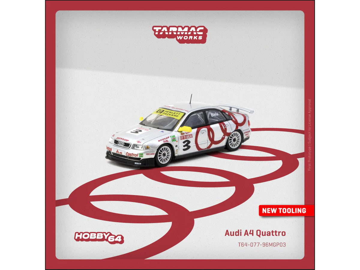 Audi A4 Quattro #3 Frank Biela Winner "Macau Guia Race" (1996) "Hobby64" Series 1/64 Diecast Model Car by Tarmac Works-2