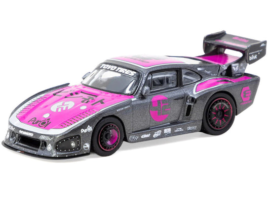 Porsche 935 K3V Bisimoto Gray Metallic with Pink Hood and Top with Tarmac Cards "Hobby64" Series 1/64 Diecast Model by Tarmac Works Tarmac Works