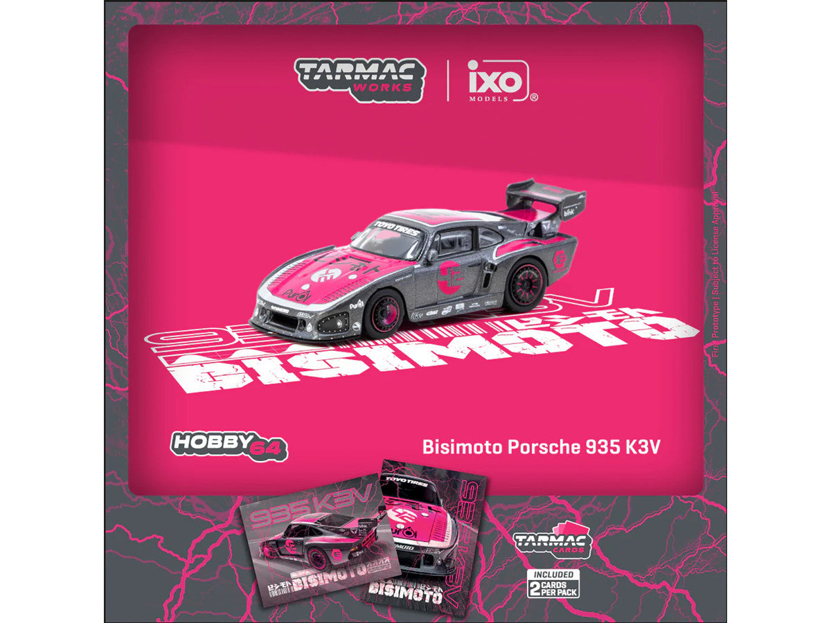 Porsche 935 K3V Bisimoto Gray Metallic with Pink Hood and Top with Tarmac Cards "Hobby64" Series 1/64 Diecast Model by Tarmac Works Tarmac Works