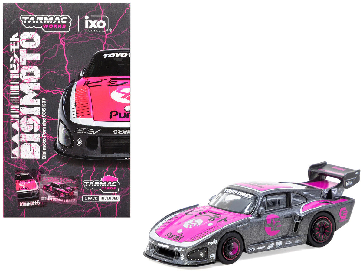 Porsche 935 K3V Bisimoto Gray Metallic with Pink Hood and Top with Tarmac Cards "Hobby64" Series 1/64 Diecast Model by Tarmac Works Tarmac Works