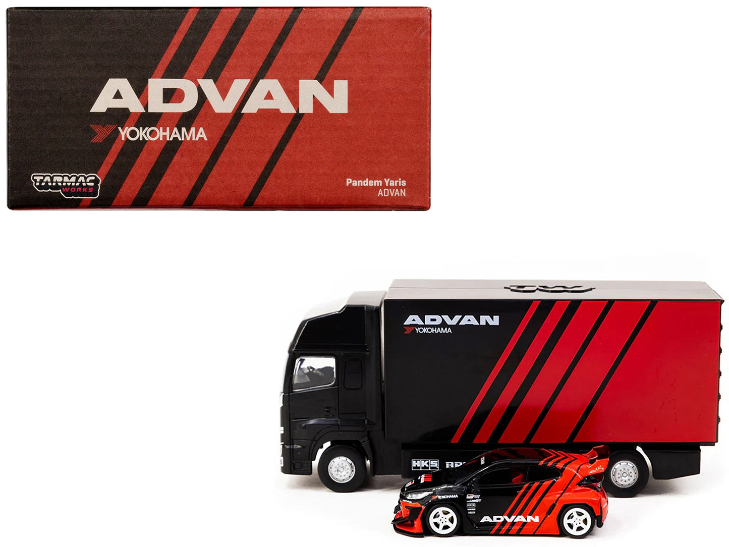 Toyota "Pandem" Yaris RHD (Right Hand Drive) Red and Black "Advan" Livery with Plastic Transporter Packaging "Advan" 1/64 Diecast Model Car by Tarmac Works