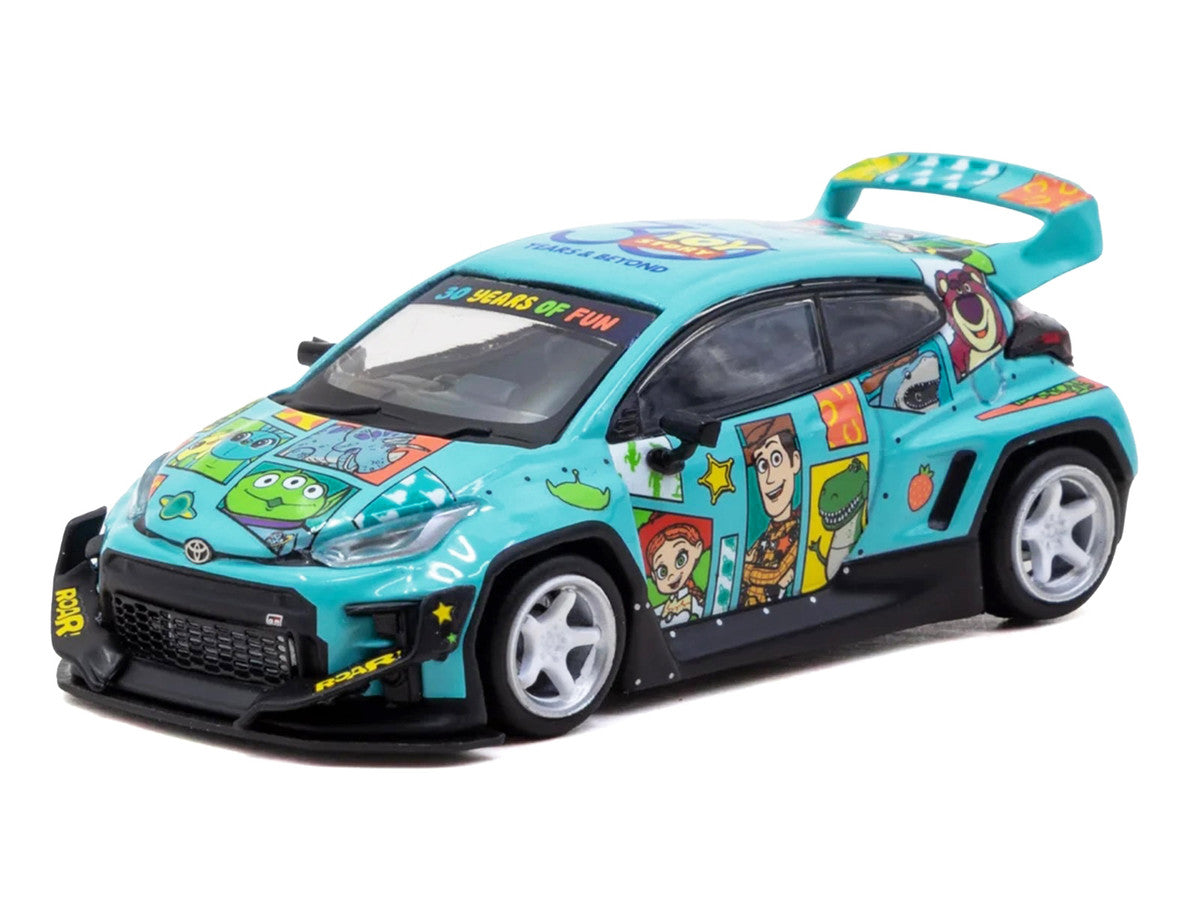 Toyota Pandem GR Yaris RHD (Right Hand Drive) "Toy Story 30th Anniversary" Blue with Graphics with Tarmac Cards "Hobby64" Series 1/64 Diecast Model by Tarmac Works Tarmac Works
