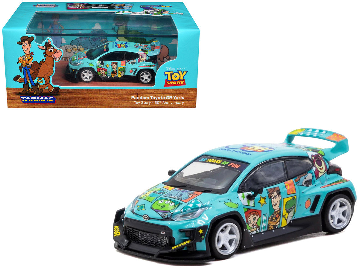 Toyota Pandem GR Yaris RHD (Right Hand Drive) "Toy Story 30th Anniversary" Blue with Graphics with Tarmac Cards "Hobby64" Series 1/64 Diecast Model by Tarmac Works Tarmac Works