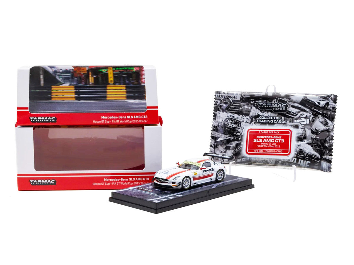 Mercedes-Benz SLS AMG GT3 #1 Maro Engel Winner "Macau GT Cup - FIA GT World Cup" (2015) with Tarmac Cards "Hobby64" Series 1/64 Diecast Model Car by Tarmac Works Tarmac Works