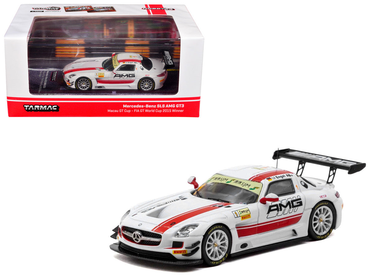 Mercedes-Benz SLS AMG GT3 #1 Maro Engel Winner "Macau GT Cup - FIA GT World Cup" (2015) with Tarmac Cards "Hobby64" Series 1/64 Diecast Model Car by Tarmac Works Tarmac Works